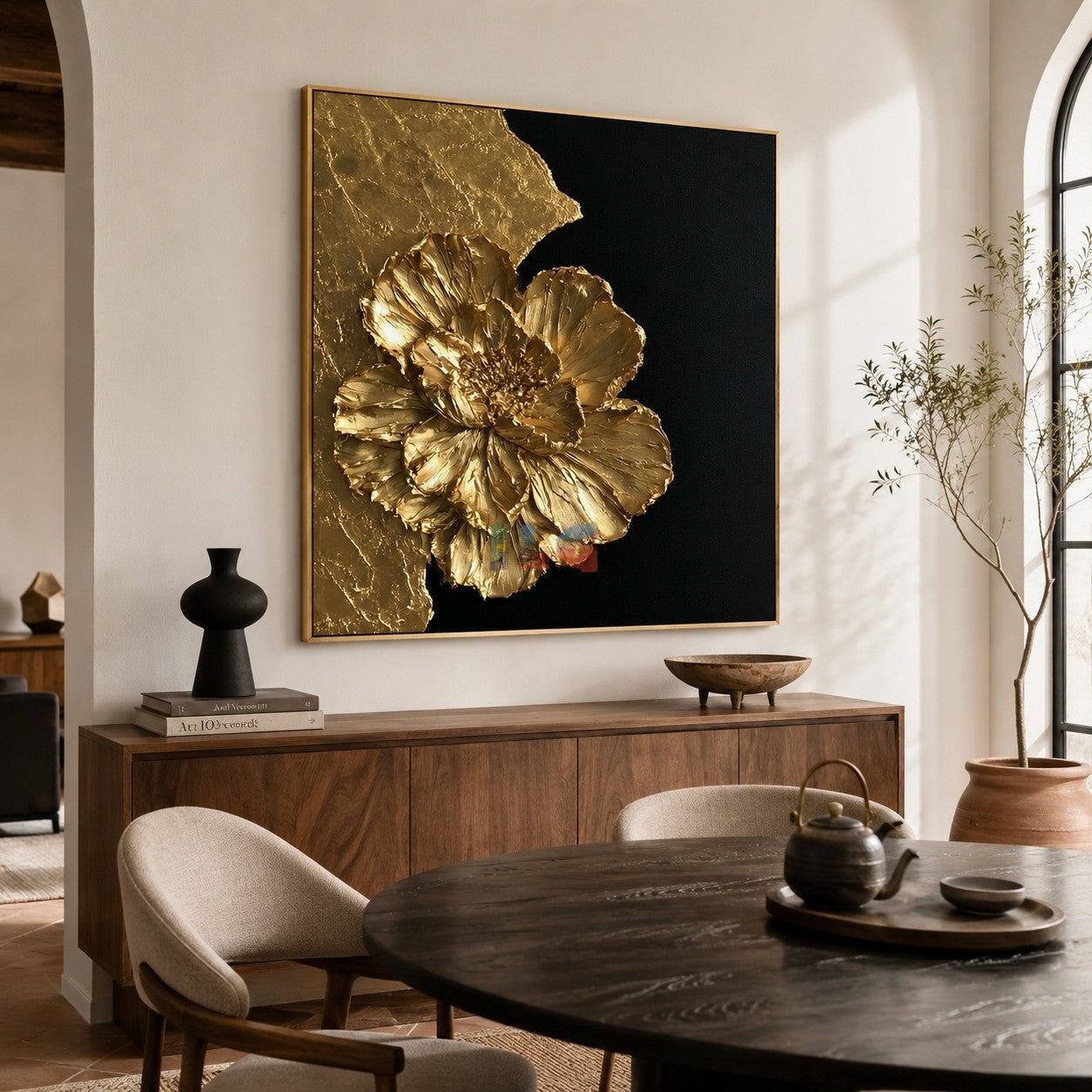 Radiant Gold Flower – Luxury Black Gold Textured Wall Art