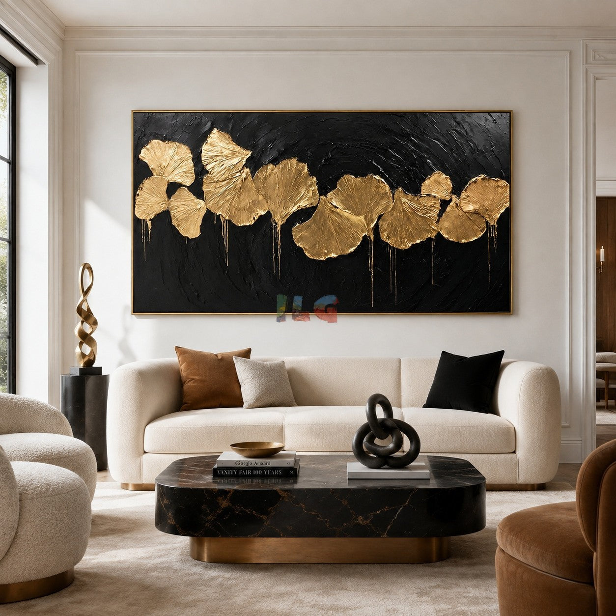 Gilded Ginkgo Rhythm – Luxury Black Gold Botanical Wall Art