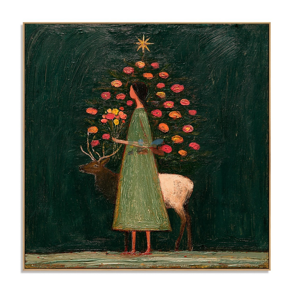 Midnight Garden Muse – Figurative Floral Deer Wall Art