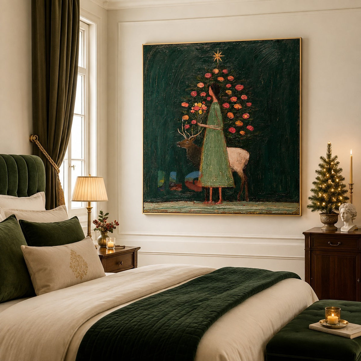 Midnight Garden Muse – Figurative Floral Deer Wall Art