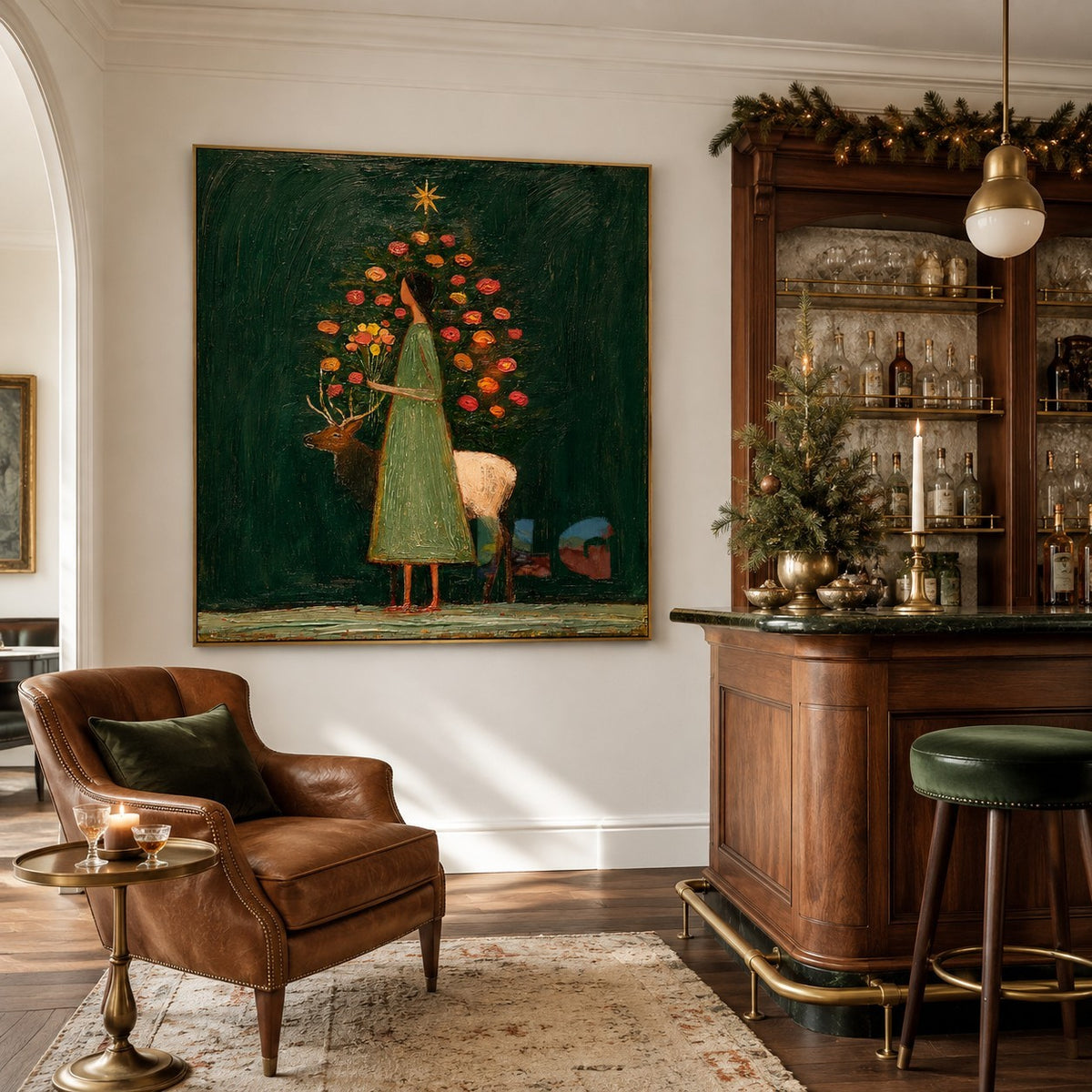 Midnight Garden Muse – Figurative Floral Deer Wall Art