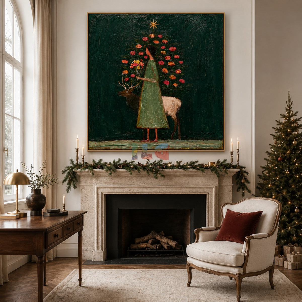 Midnight Garden Muse – Figurative Floral Deer Wall Art