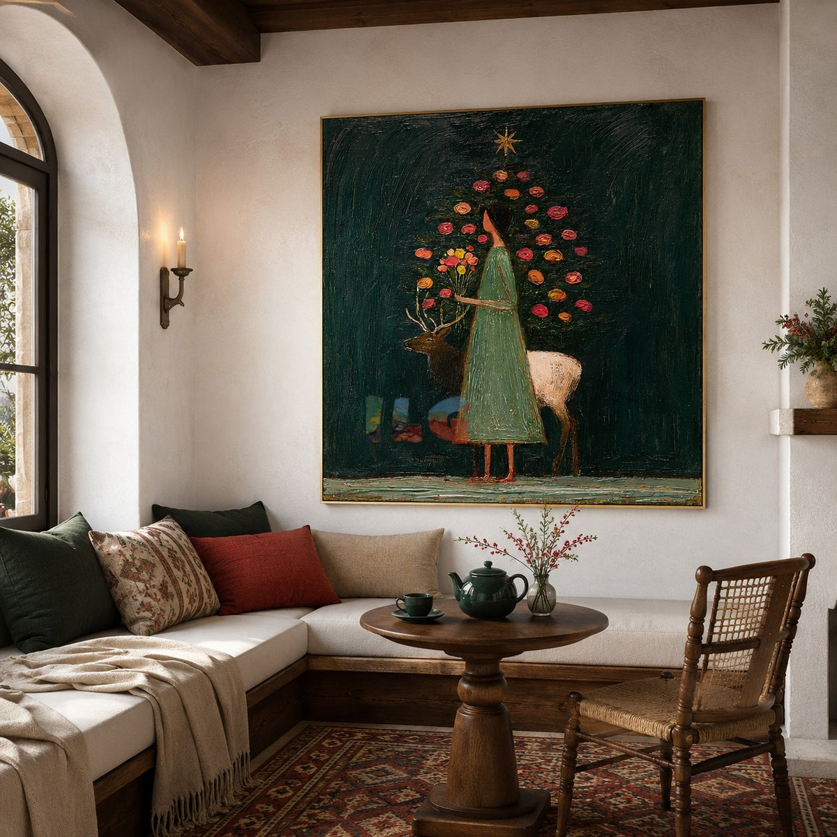 Midnight Garden Muse – Figurative Floral Deer Wall Art