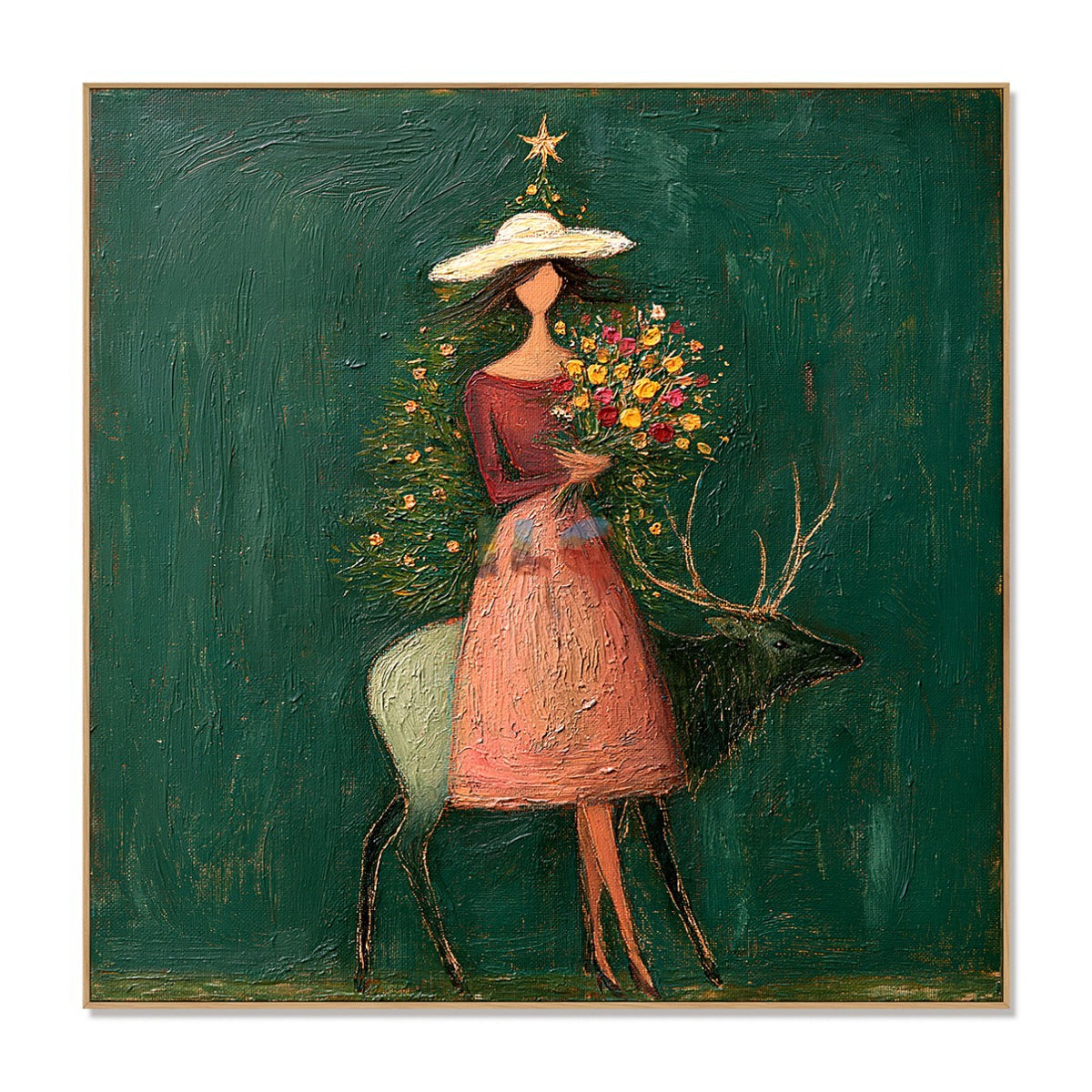 Emerald Floral Guardian – Figurative Deer Botanical Wall Art