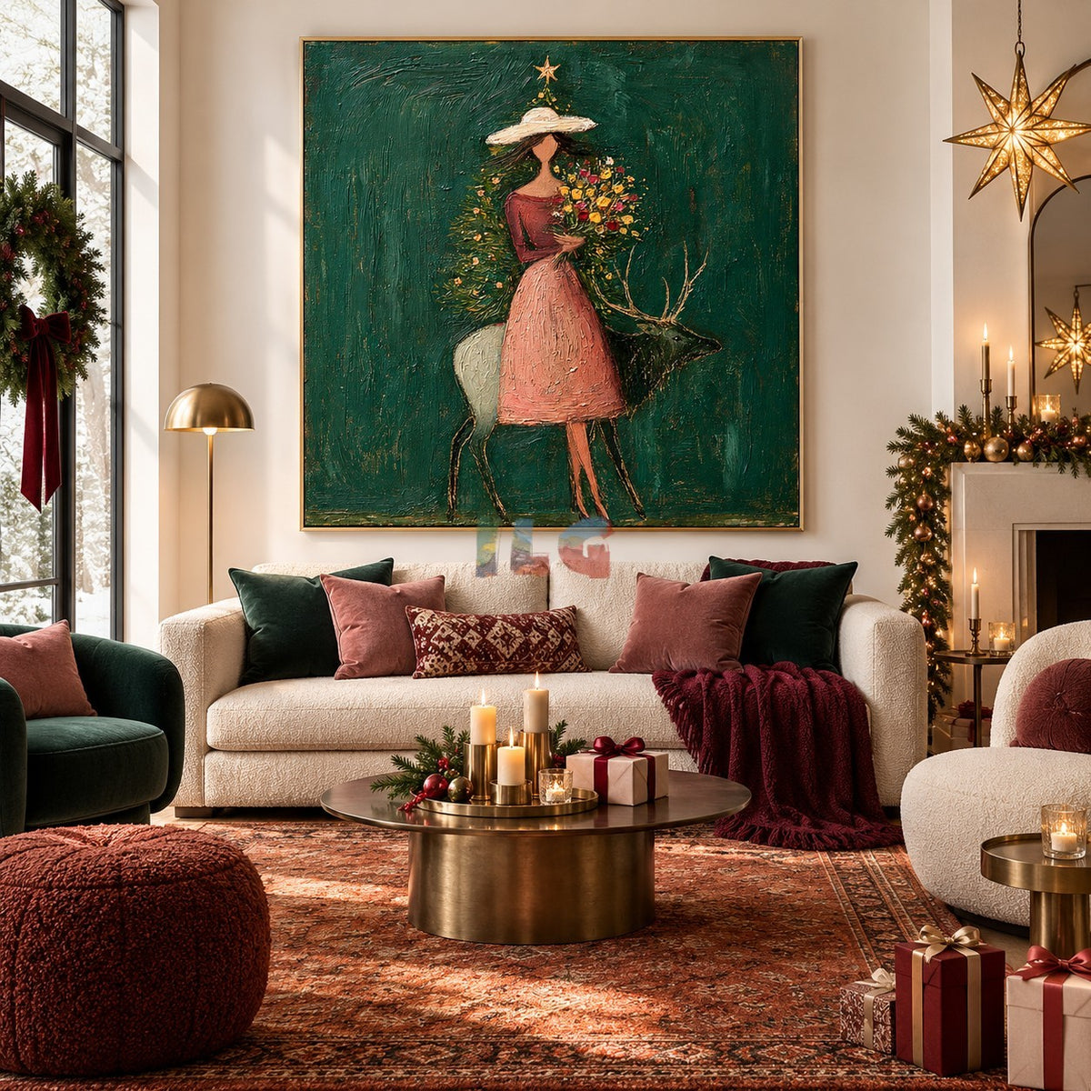 Emerald Floral Guardian – Figurative Deer Botanical Wall Art