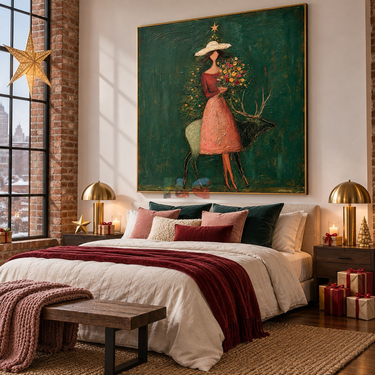 Emerald Floral Guardian – Figurative Deer Botanical Wall Art