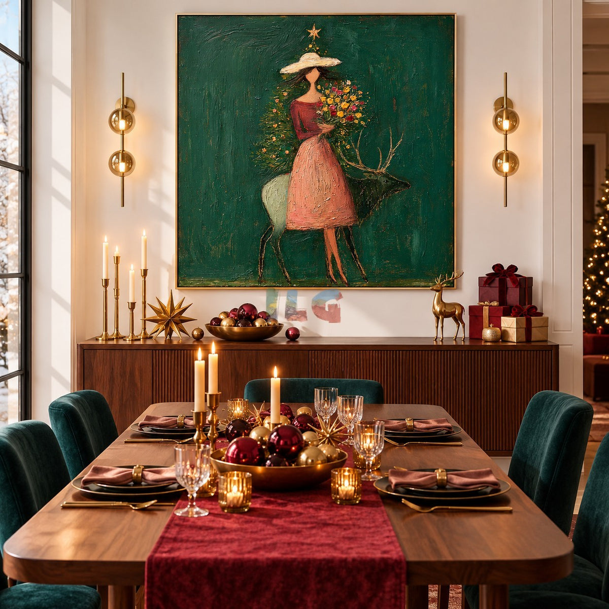 Emerald Floral Guardian – Figurative Deer Botanical Wall Art
