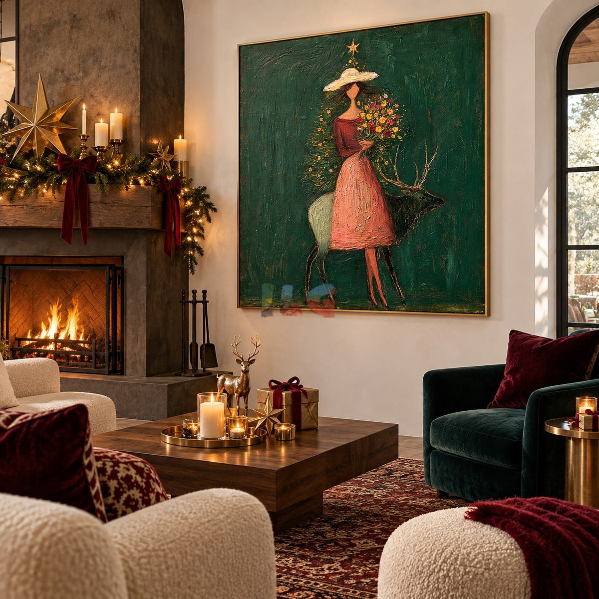 Emerald Floral Guardian – Figurative Deer Botanical Wall Art