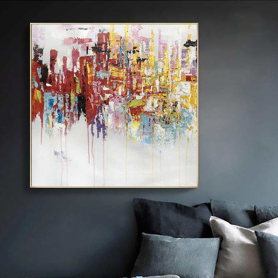 Colorful Abstract Cityscape Oil Painting - Modern Wall Decor for Living Room