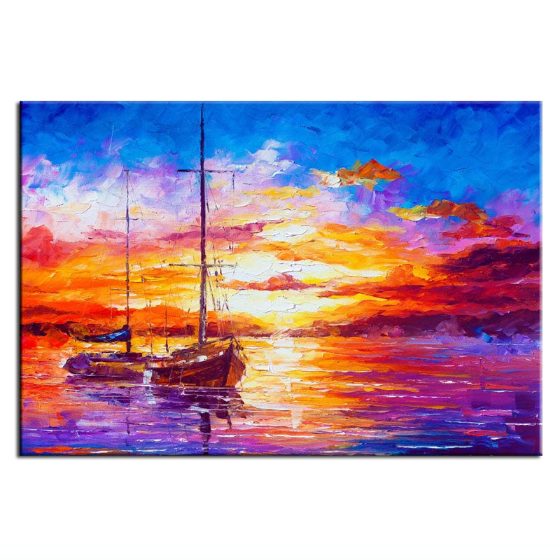 Colorful Sunset Sailboat Seascape Oil Painting - Impressionistic Nautical Wall Art for Home Decoration
