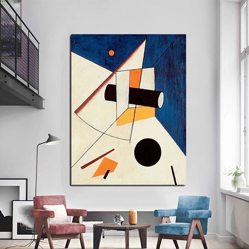 Geometric Abstract Oil Painting - Constructivist Style Modern Wall Art for Home Decor
