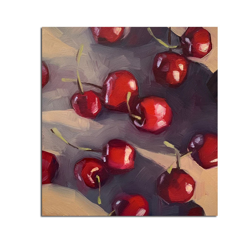 Impressionist Cherry Oil Painting - Vibrant Red Square Dining Room Wall Art