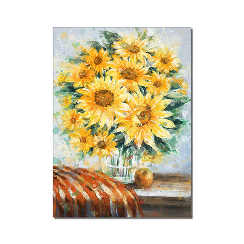 Sunflower Bouquet Oil Painting - Warm Cottagecore Kitchen Wall Decor with Textured Details