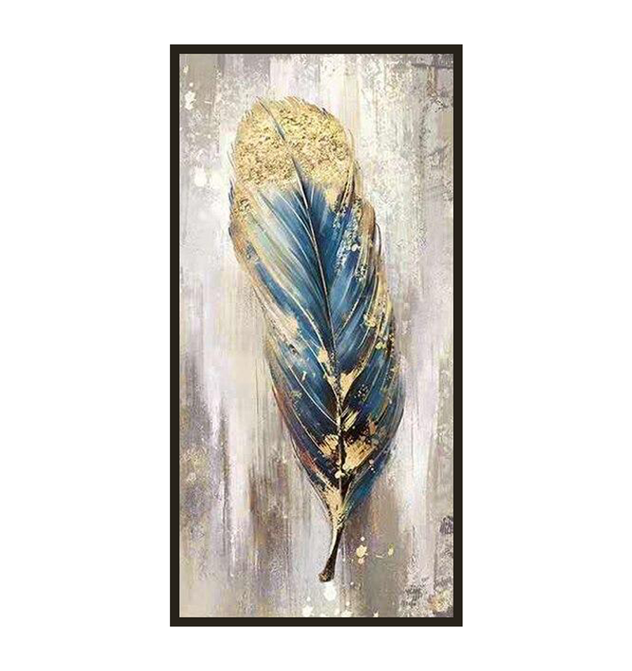 Vintage-Inspired Feather Wall Art - Blue Gold Foil Textured Vertical Decor for Modern Interiors